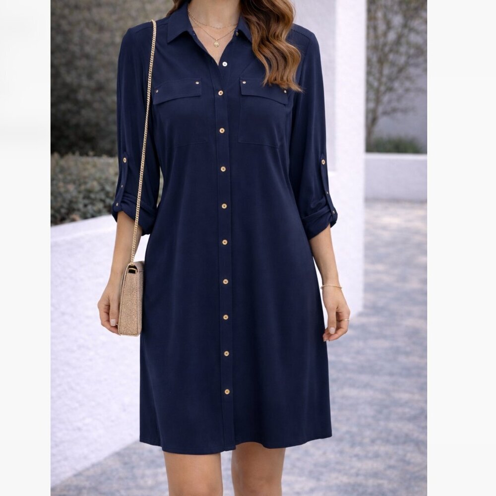 Calvin Klein Size 6 Navy Long Sleeve Shirt Dress